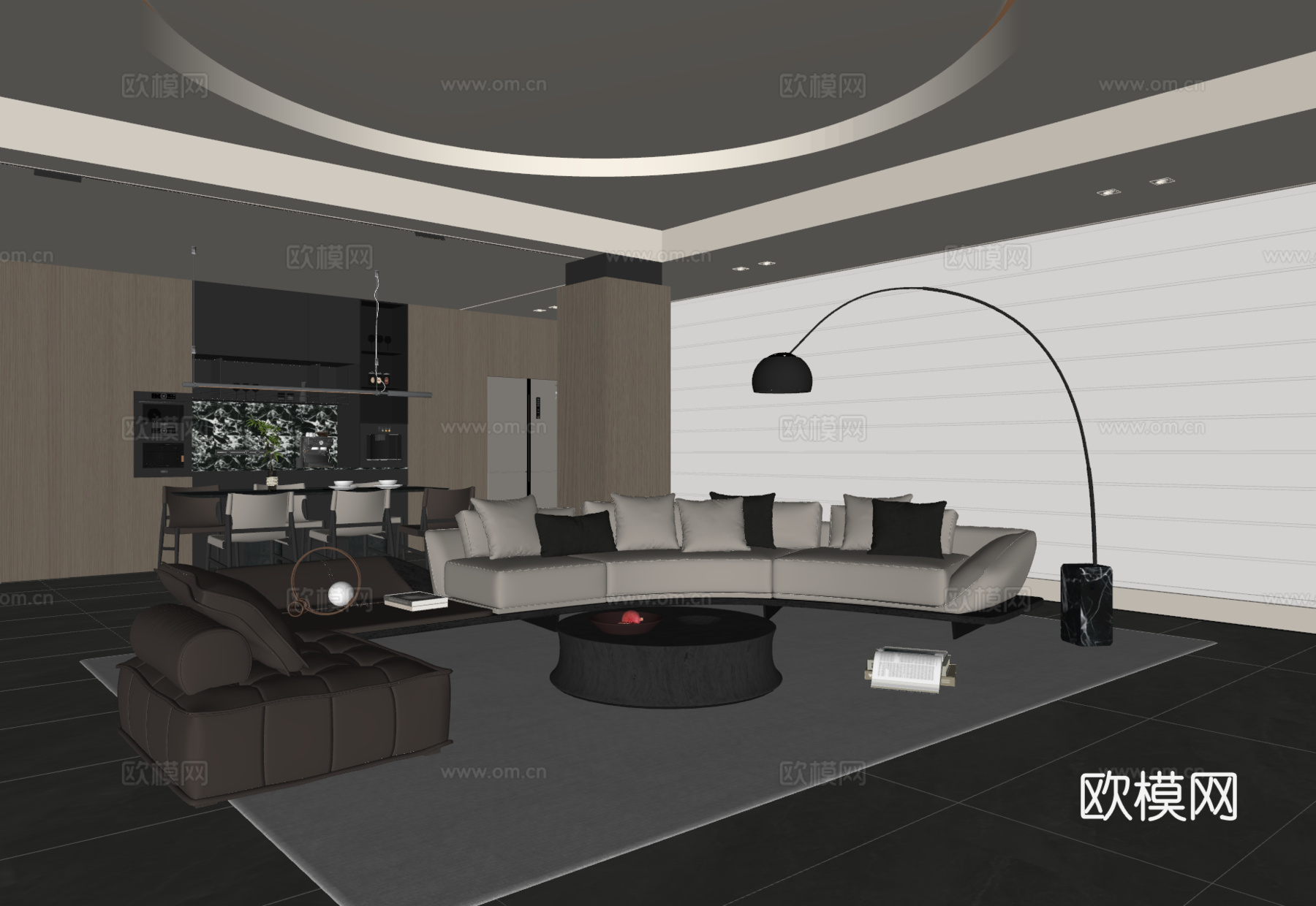 现代意式客餐厅 沙发茶几 餐桌椅 吊灯 餐边柜 酒柜su模型