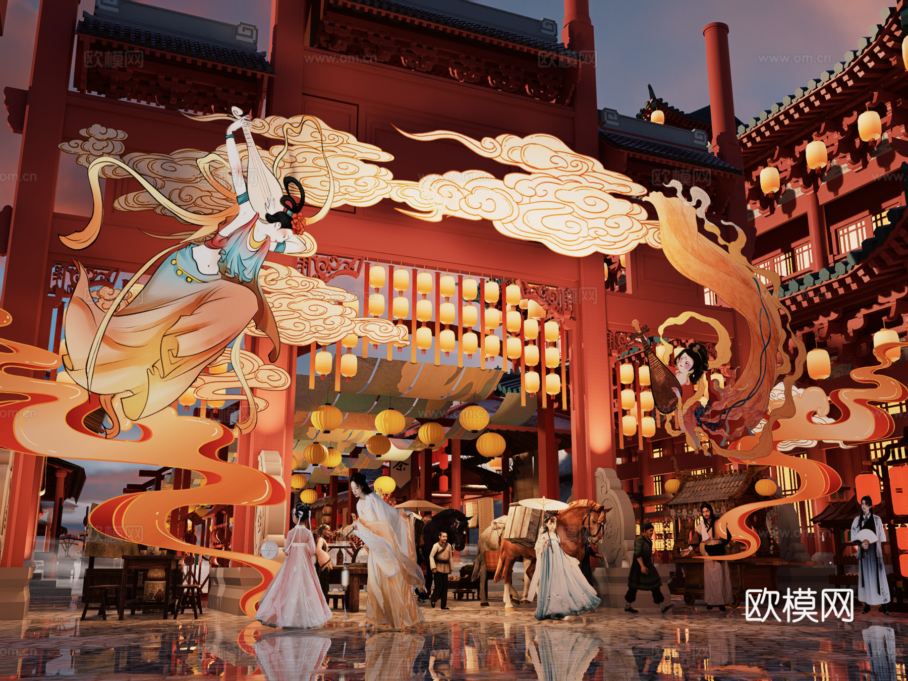 网红打卡国潮古风古镇集市su模型