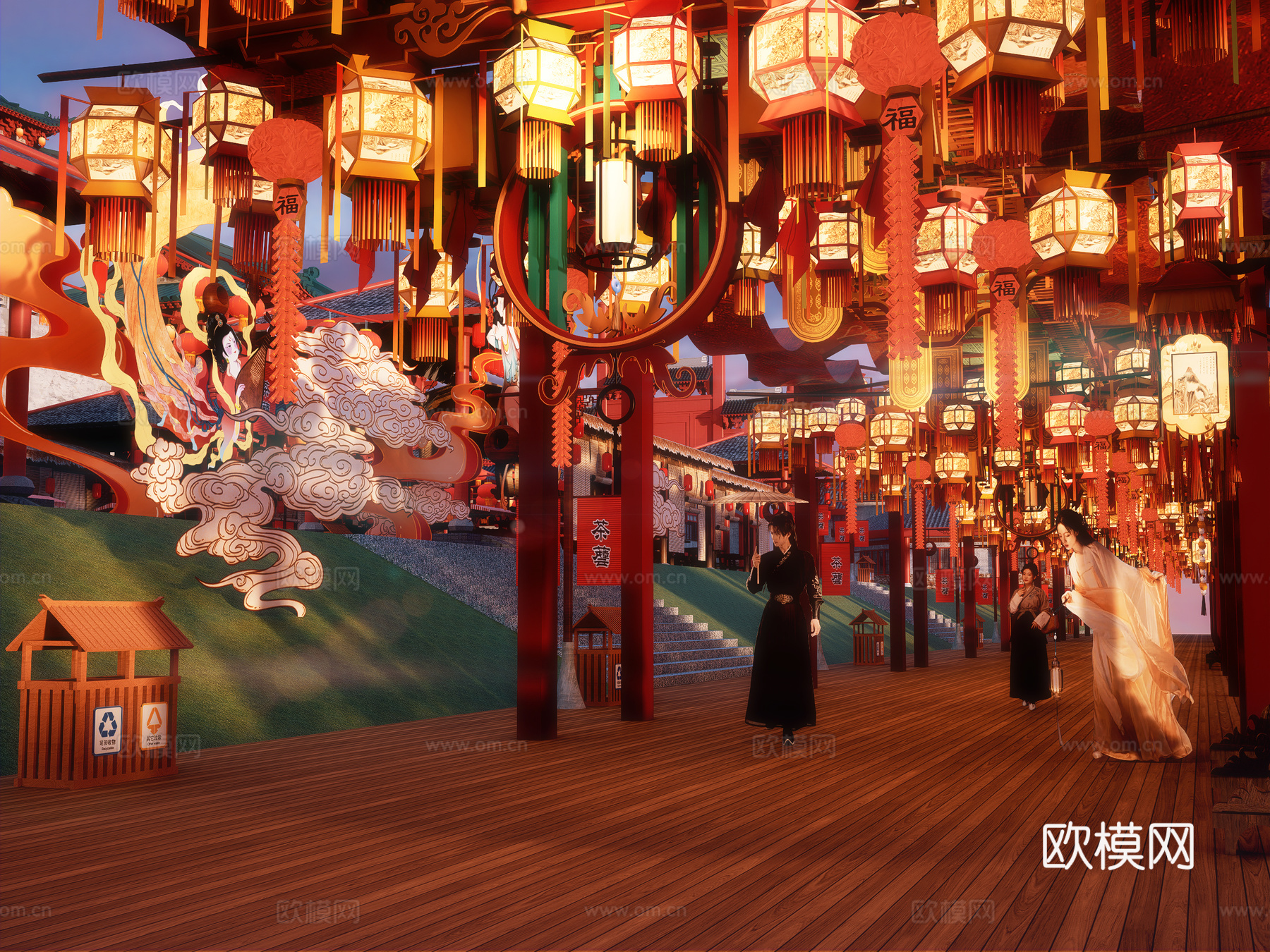 网红打卡国潮古风古镇集市su模型