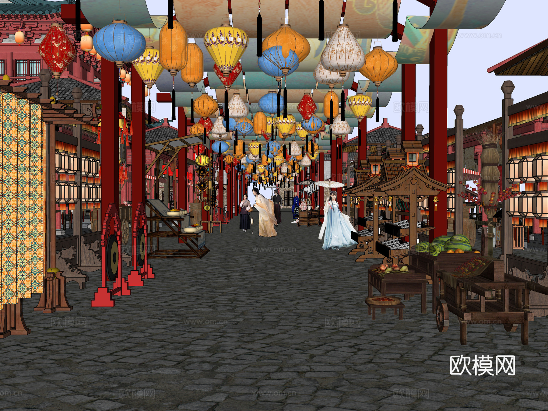 网红打卡国潮古风古镇集市su模型