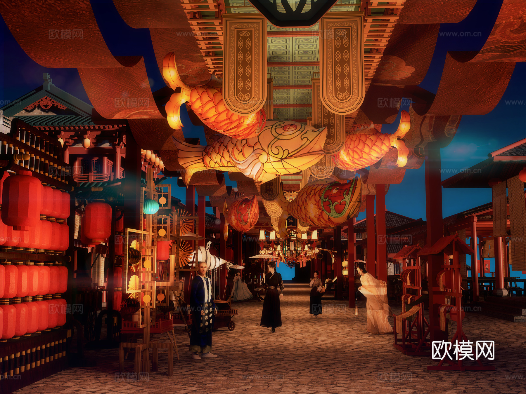 网红打卡国潮古风古镇集市su模型