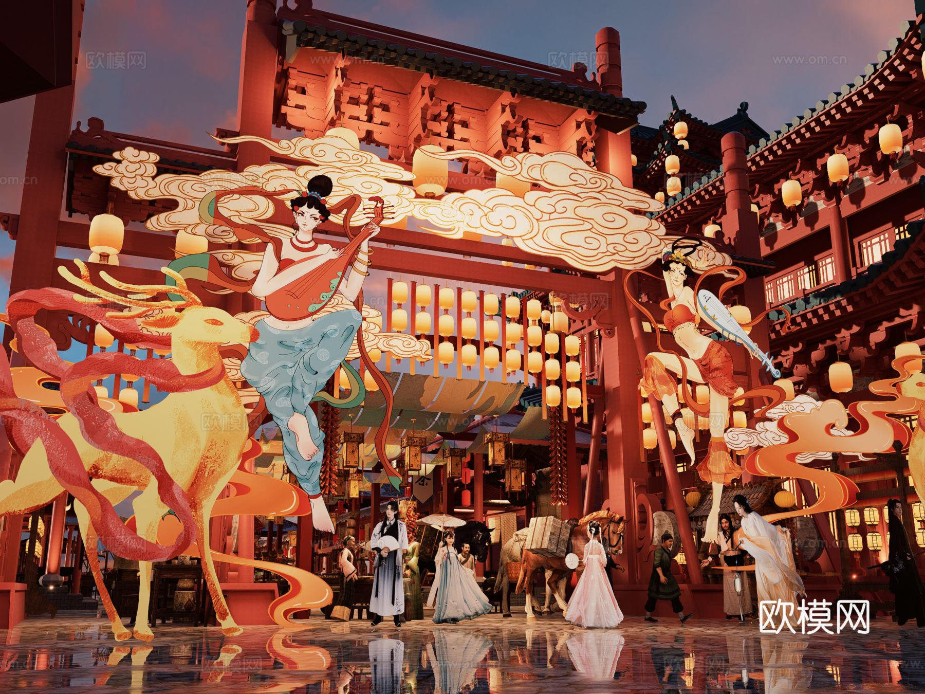 网红打卡国潮古风古镇集市su模型