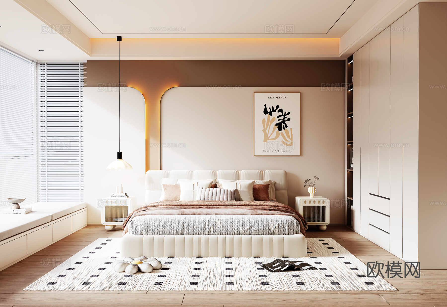 奶油风现代卧室 双人床 衣柜 床头背景墙su模型