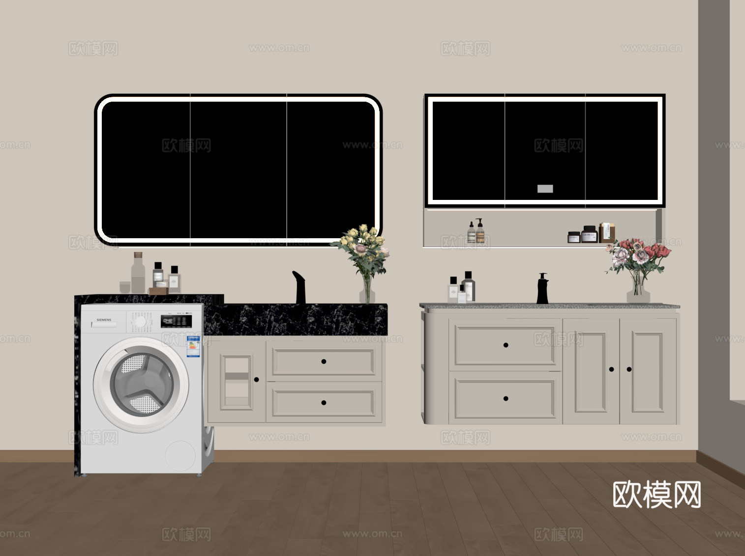法式奶油风浴室柜 洗衣机柜su模型