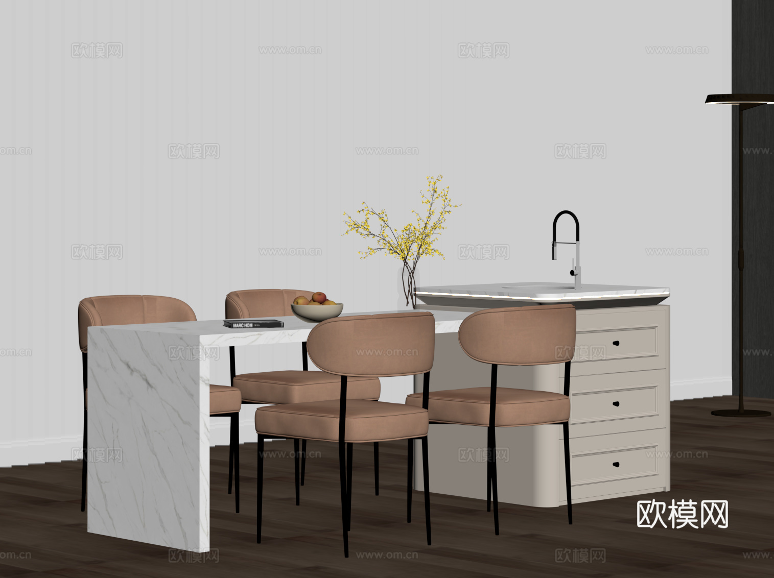 法式奶油风岛台 餐桌椅su模型