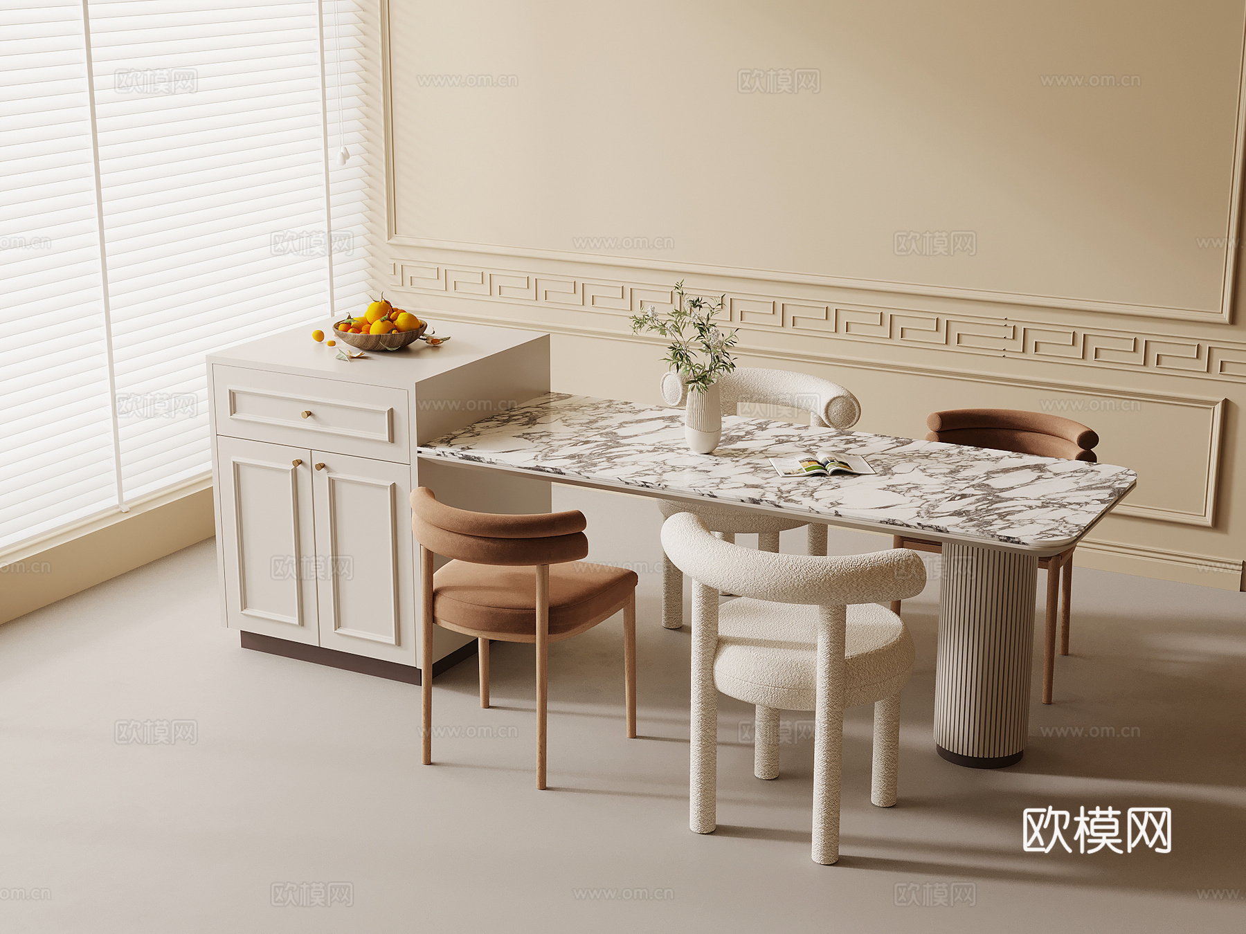 法式奶油风岛台 餐桌椅su模型