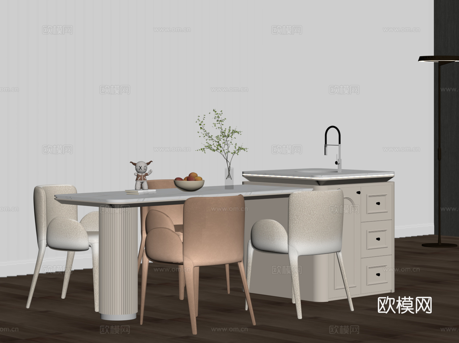 法式奶油风岛台 餐桌椅su模型