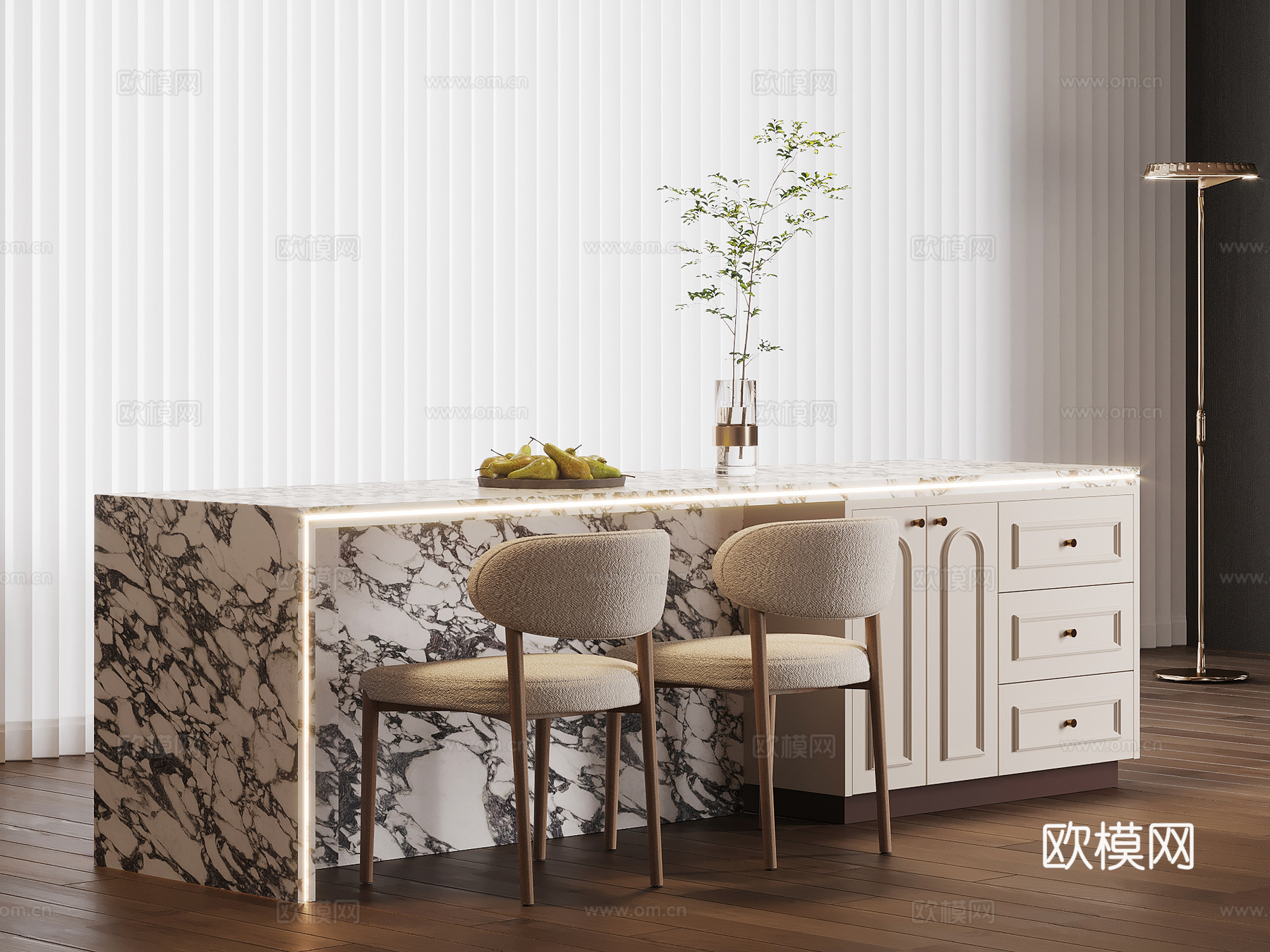 法式奶油风岛台 餐桌椅su模型