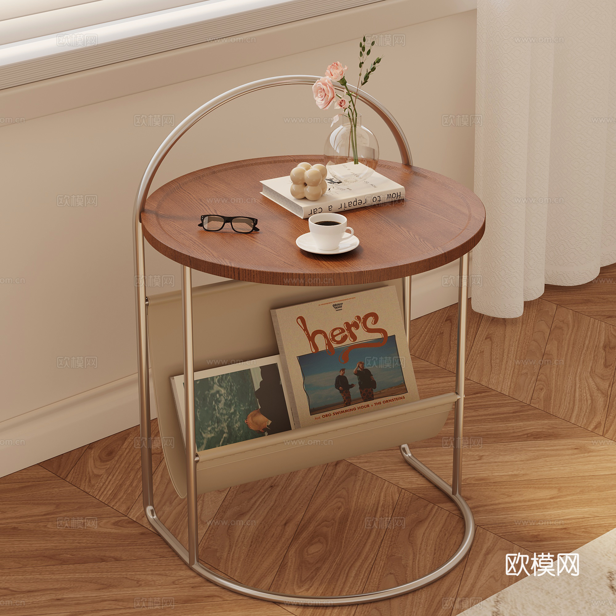 现代中古风床头柜 边几 角几圆几su模型