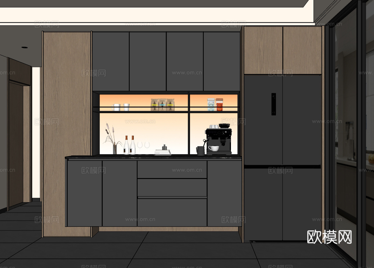 现代意式餐厅餐边柜 冰箱柜餐边柜 酒柜餐边柜su模型