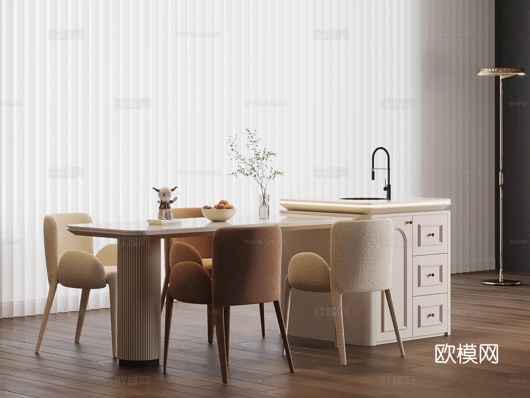 法式奶油风岛台 餐桌椅su模型
