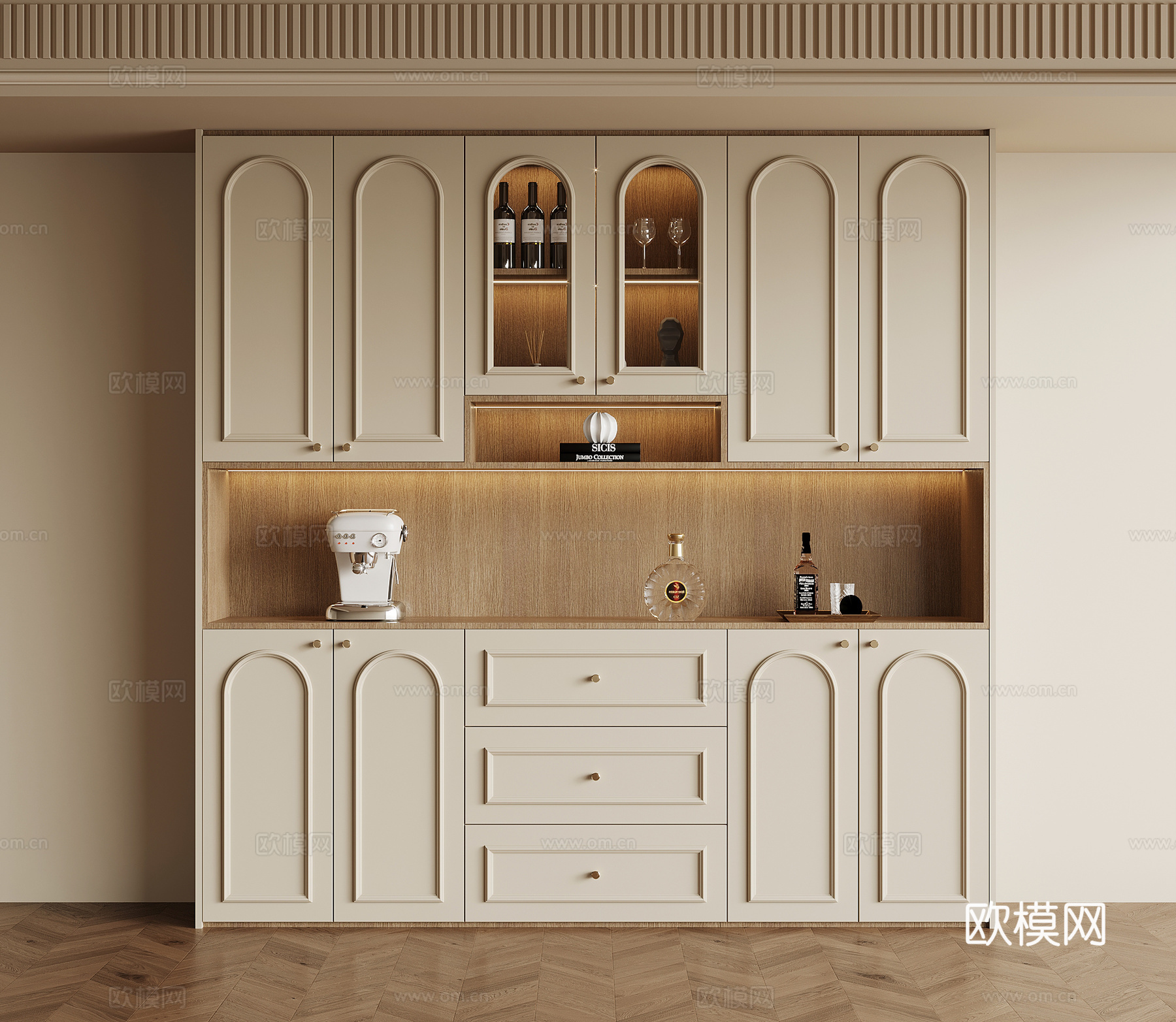 法式奶油风酒柜 餐边柜su模型
