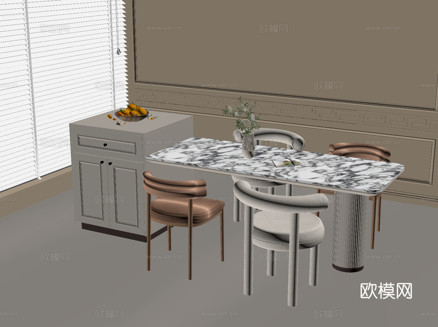 法式奶油风岛台 餐桌椅su模型