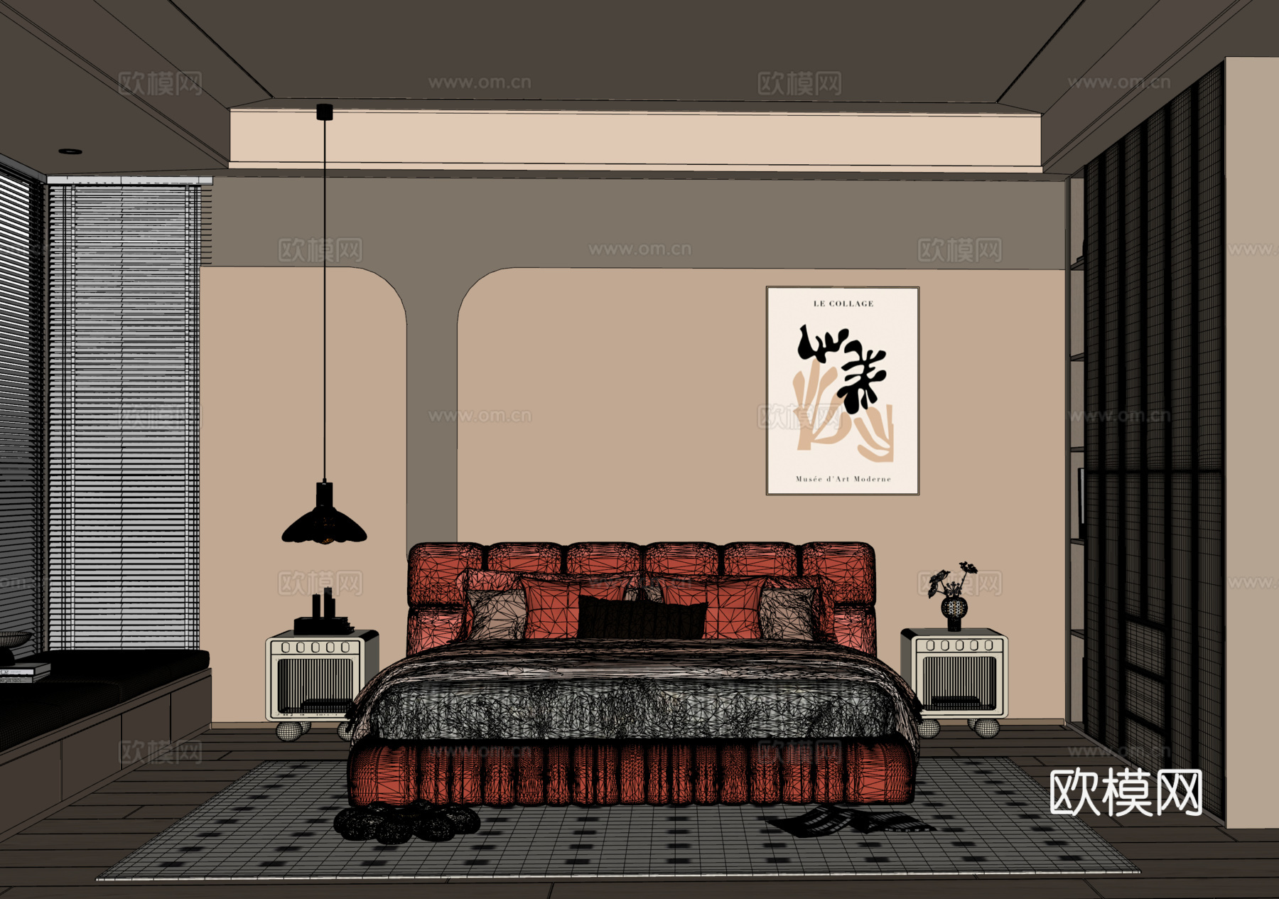 奶油风现代卧室 双人床 衣柜 床头背景墙su模型