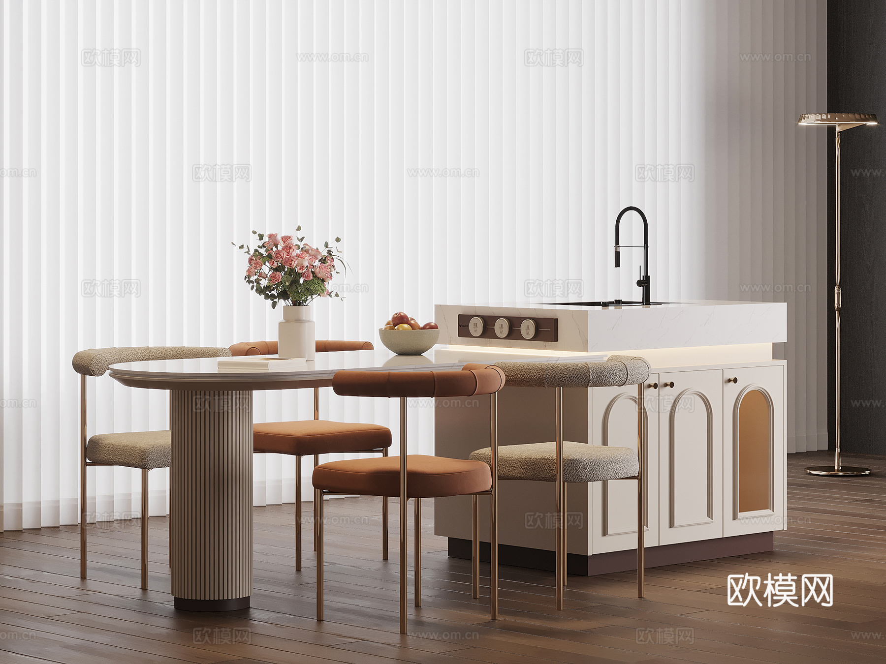 法式奶油风岛台 餐桌椅su模型