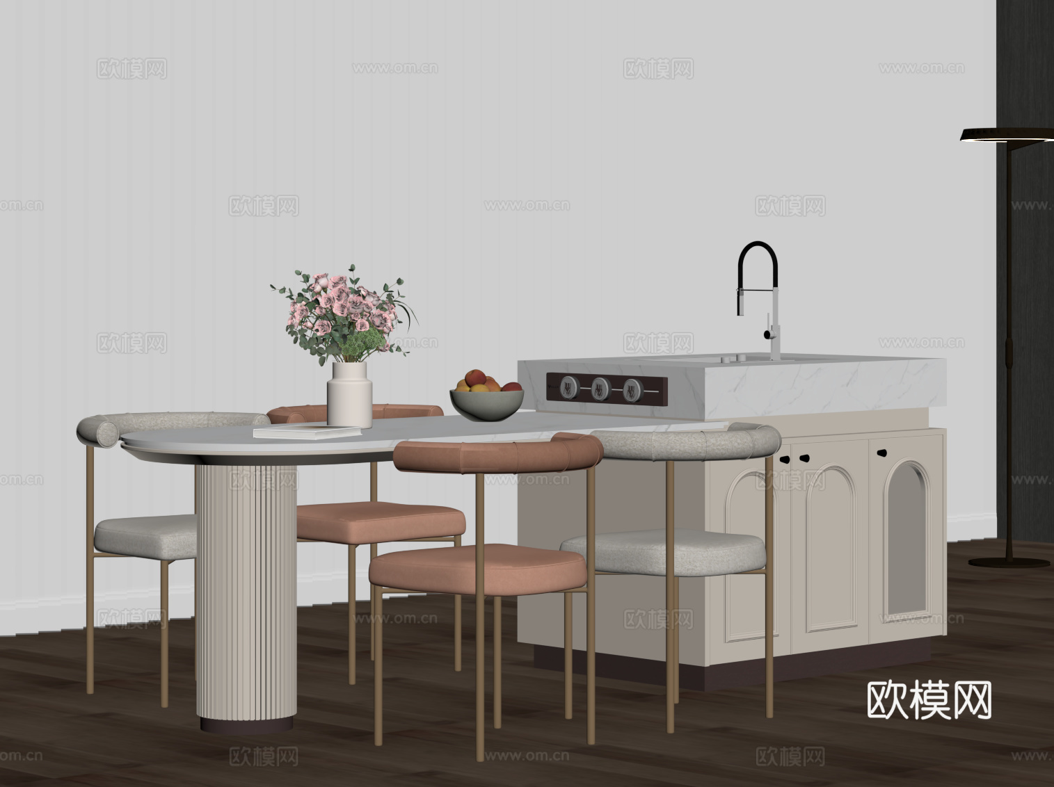 法式奶油风岛台 餐桌椅su模型