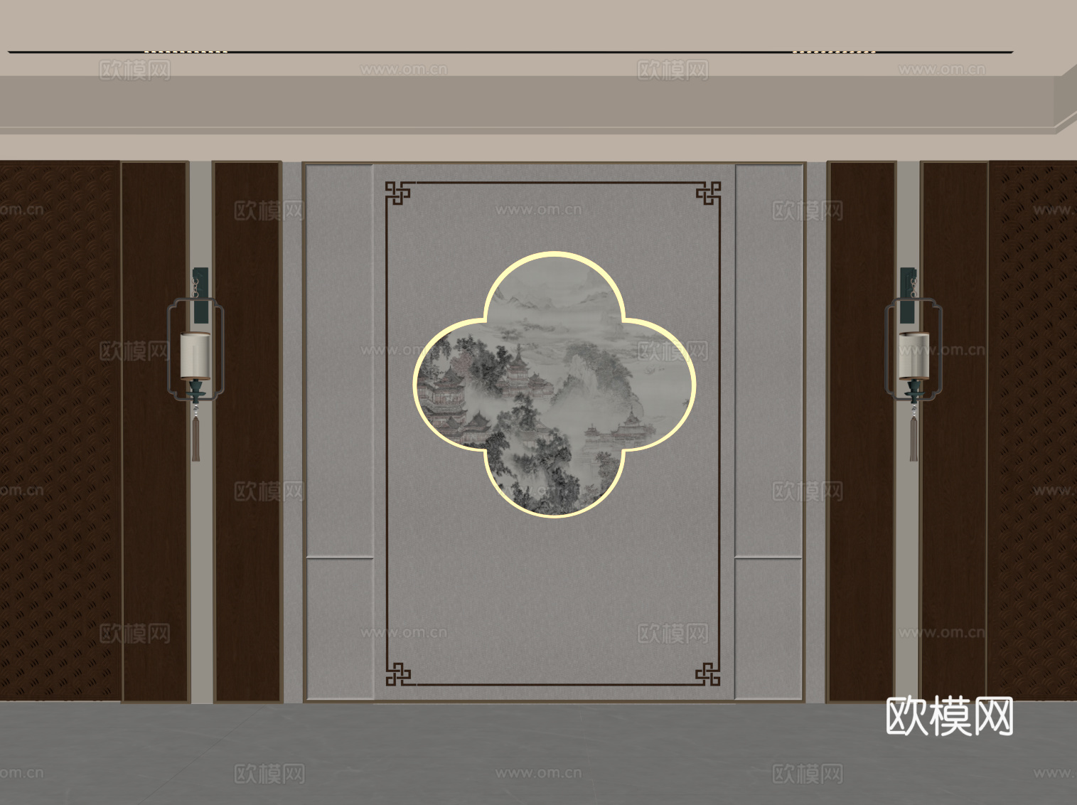 新中式背景墙 客厅背景墙su模型