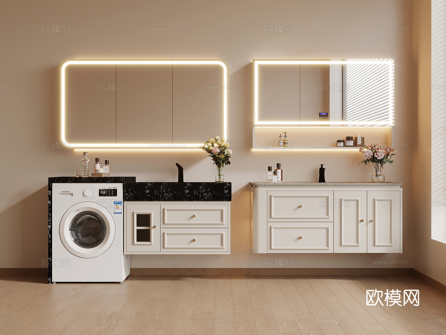 法式奶油风浴室柜 洗衣机柜su模型