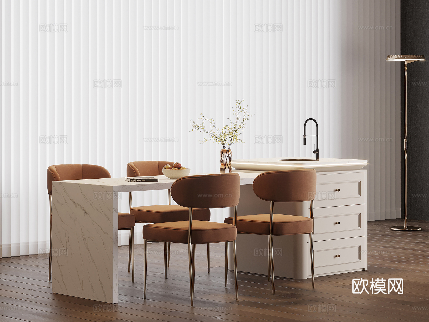 法式奶油风岛台 餐桌椅su模型