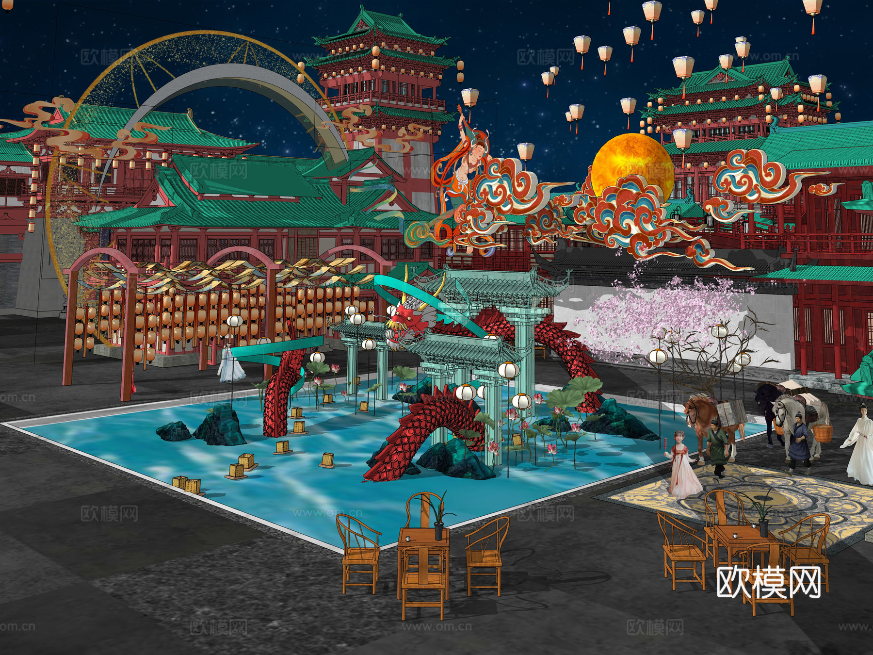 网红打卡国潮古风非遗文化中秋节su模型