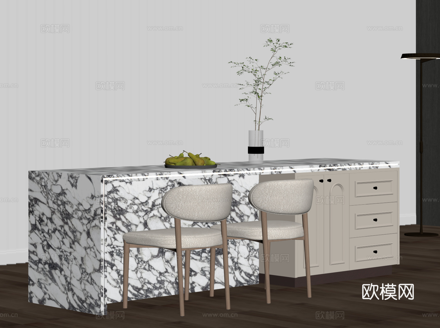 法式奶油风岛台 餐桌椅su模型