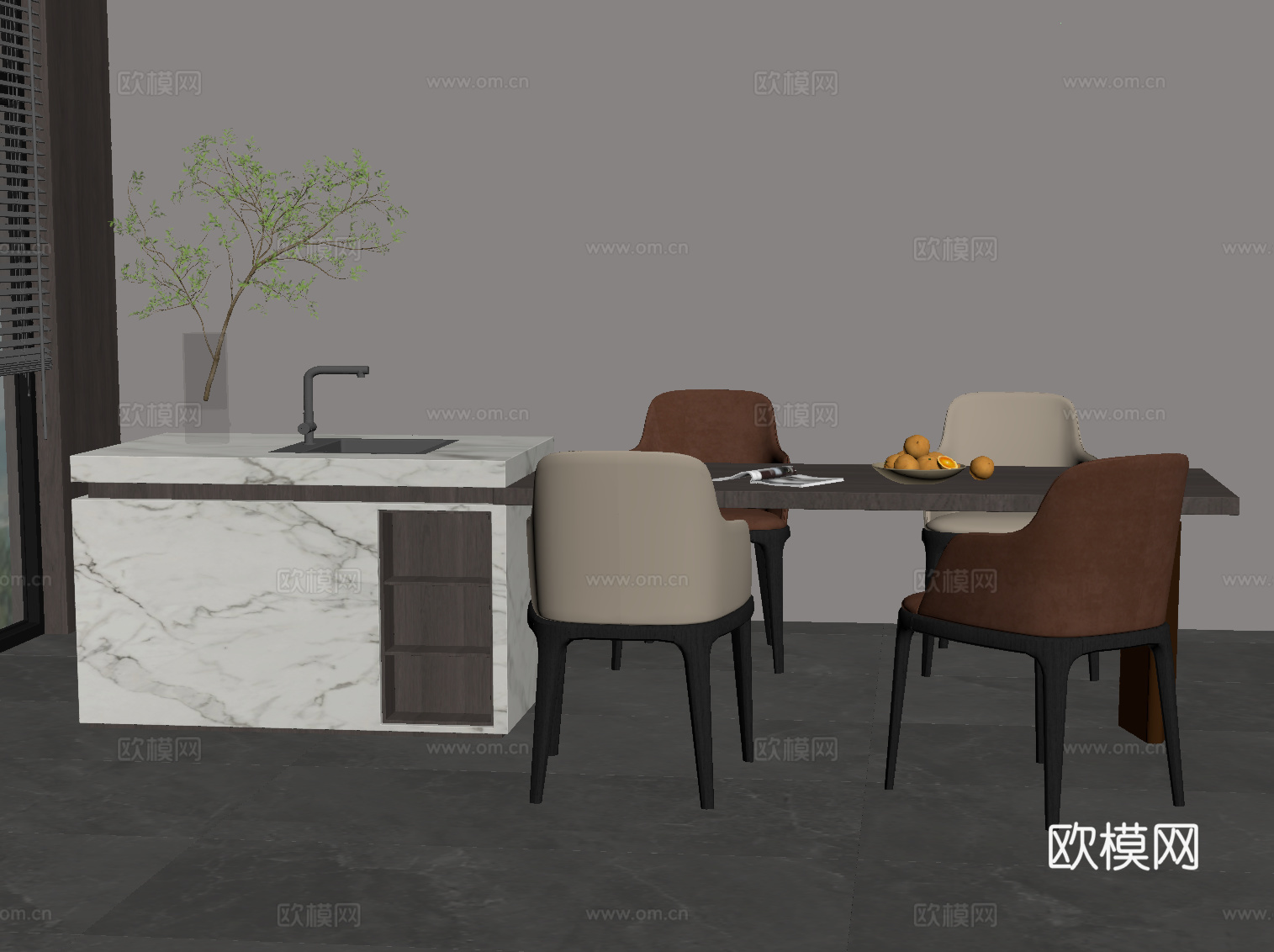 现代意式餐桌椅 岛台餐桌椅su模型