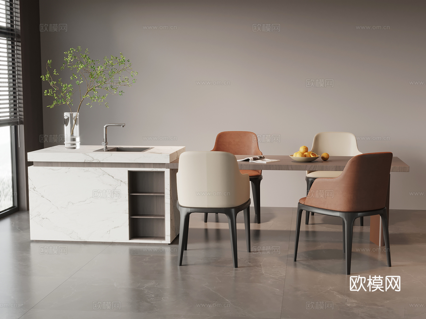 现代意式餐桌椅 岛台餐桌椅su模型