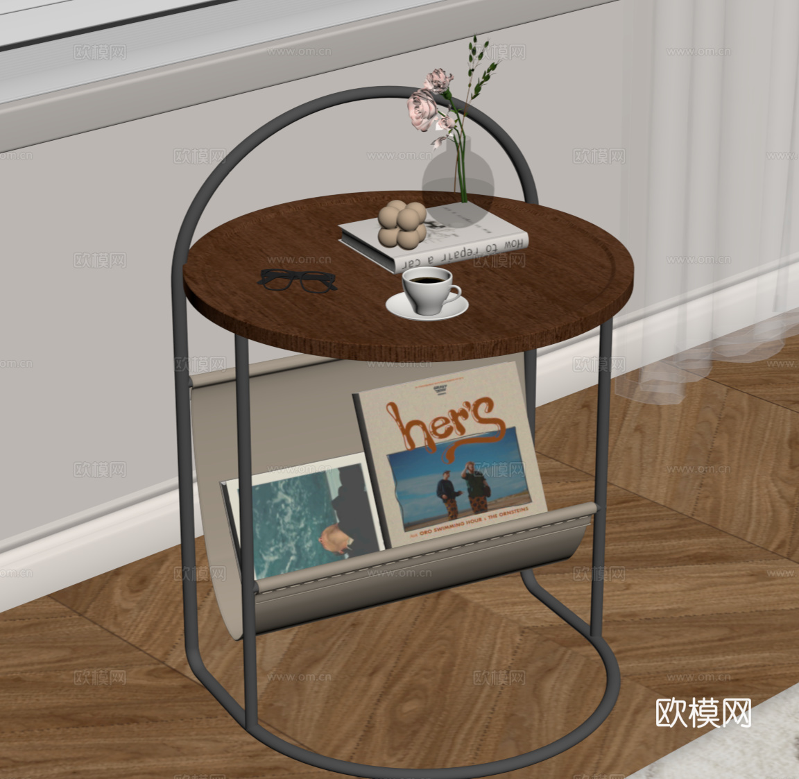 现代中古风床头柜 边几 角几圆几su模型