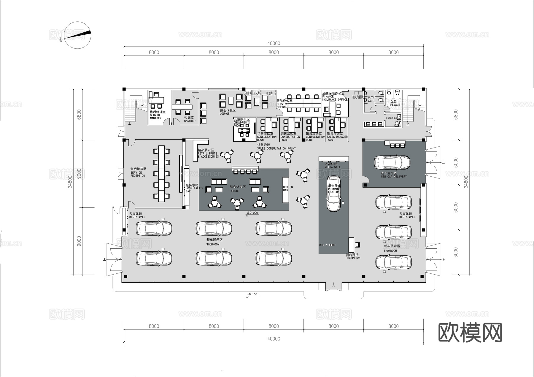 1000平汽车4S店 最新平面施工图设计cad施工图