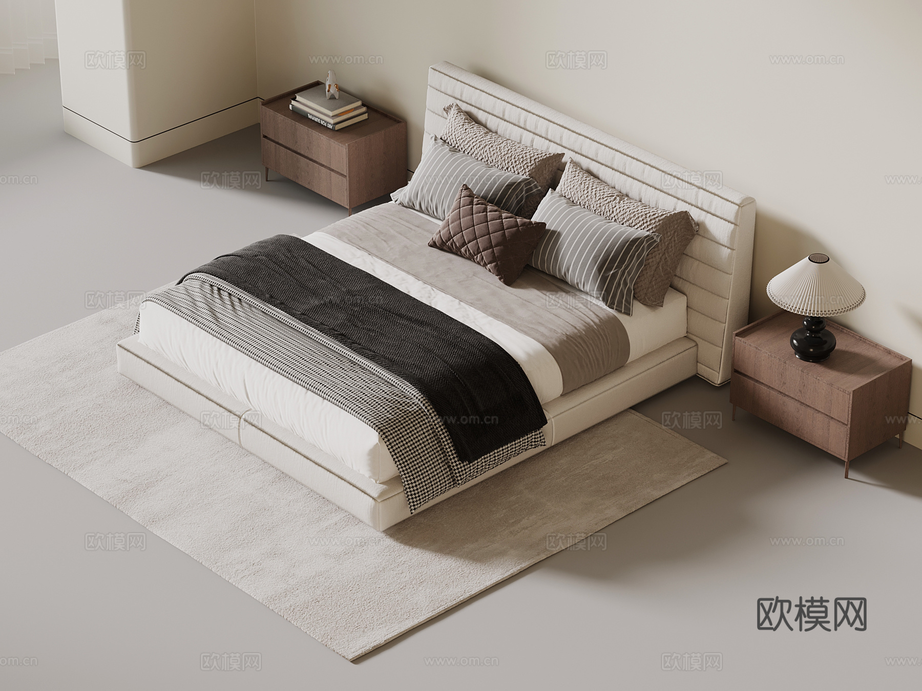 中古风双人床 床头柜su模型