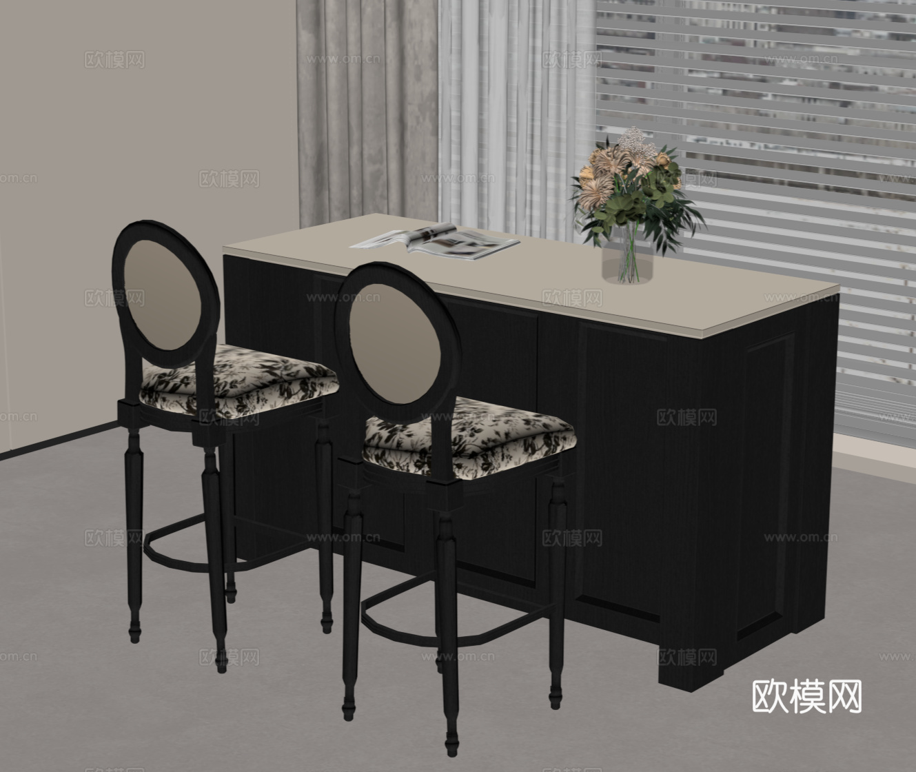 法式复古吧台 吧台椅su模型