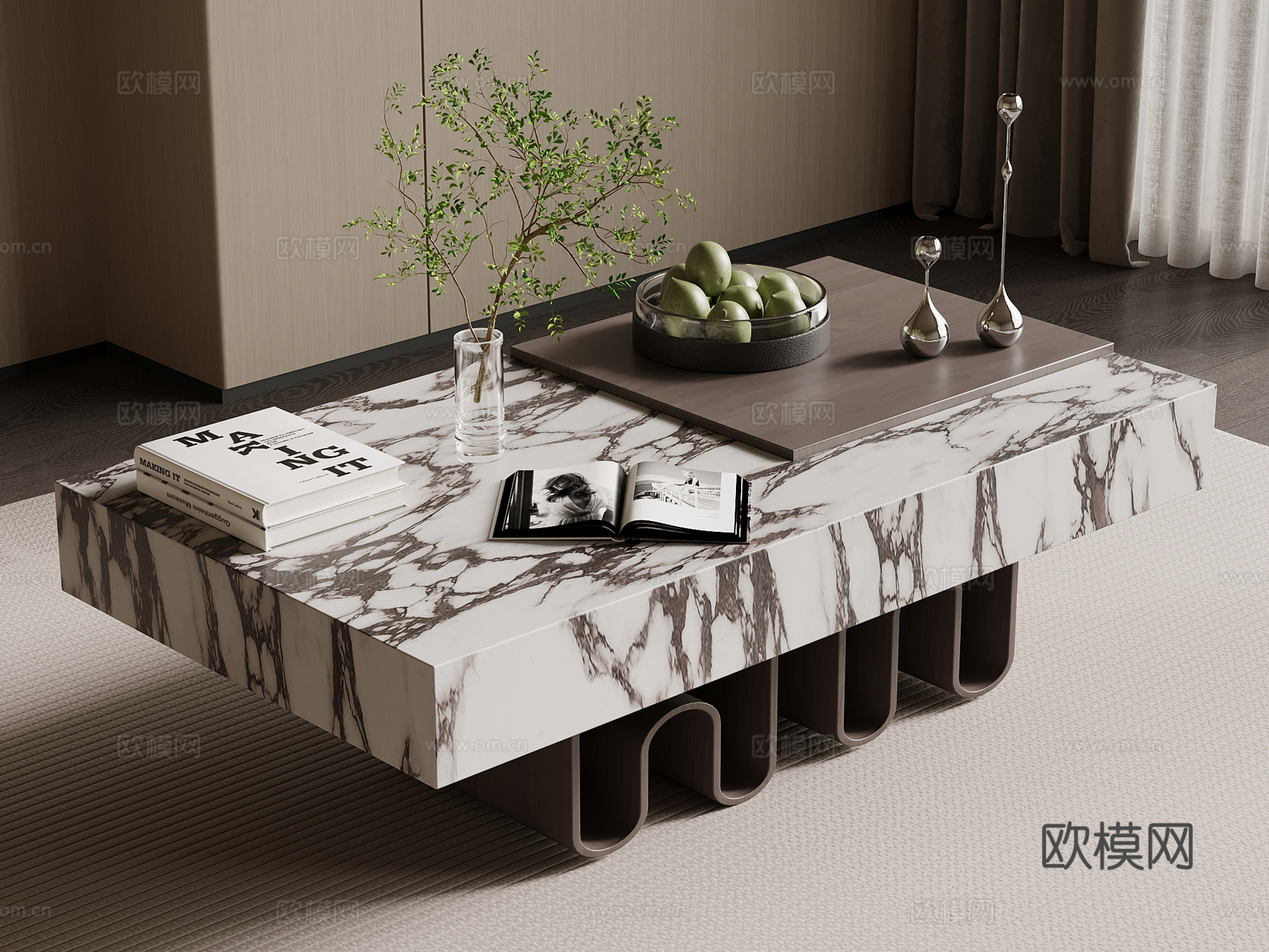 现代意式茶几 方形茶几 大理石茶几su模型