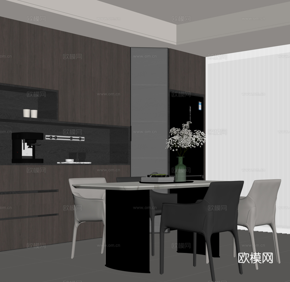 现代意式餐厅 餐桌椅 酒柜su模型