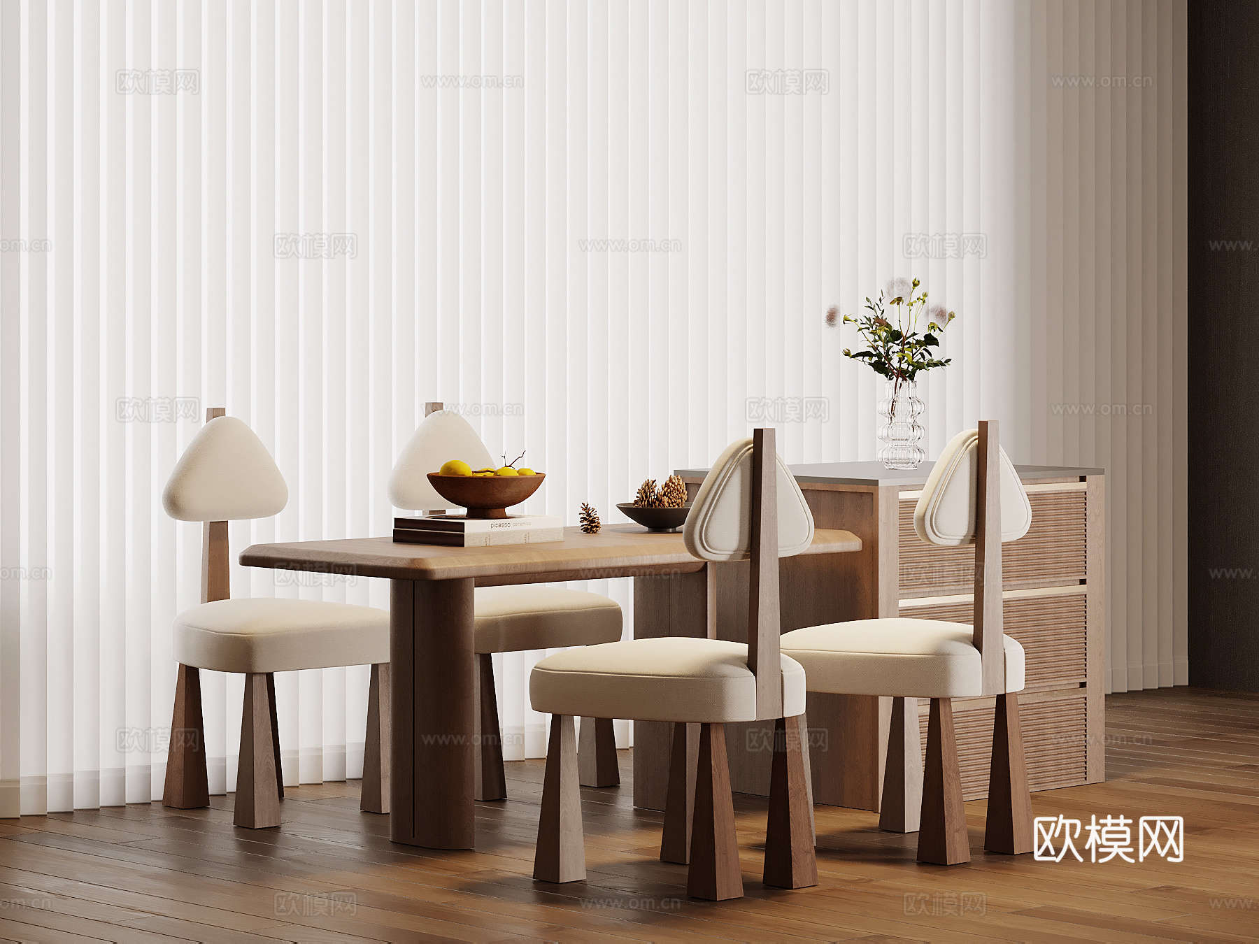 中古风岛台 餐桌椅su模型