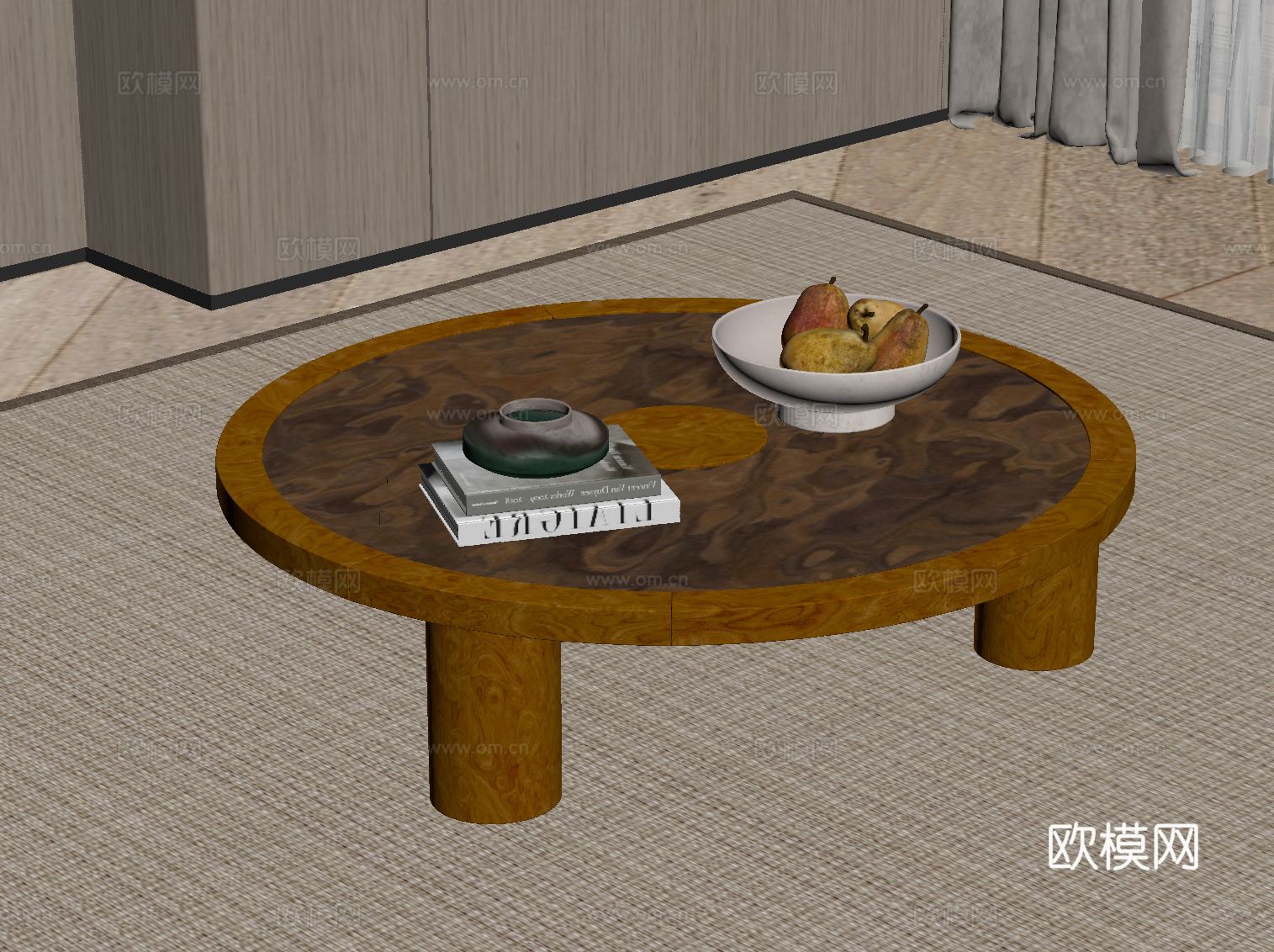 中古风茶几 实木圆形茶几su模型