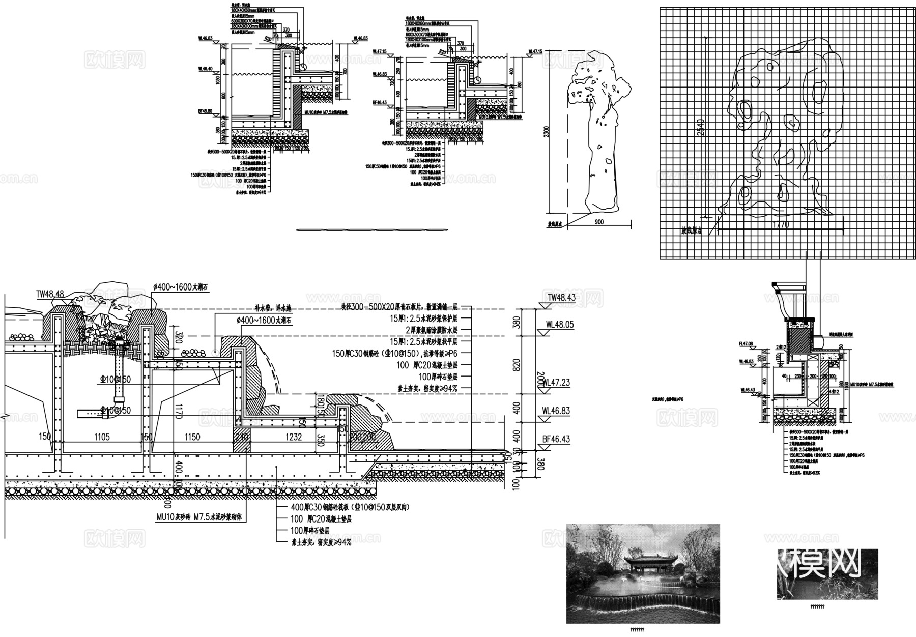 景观假山置石跌水cad施工图