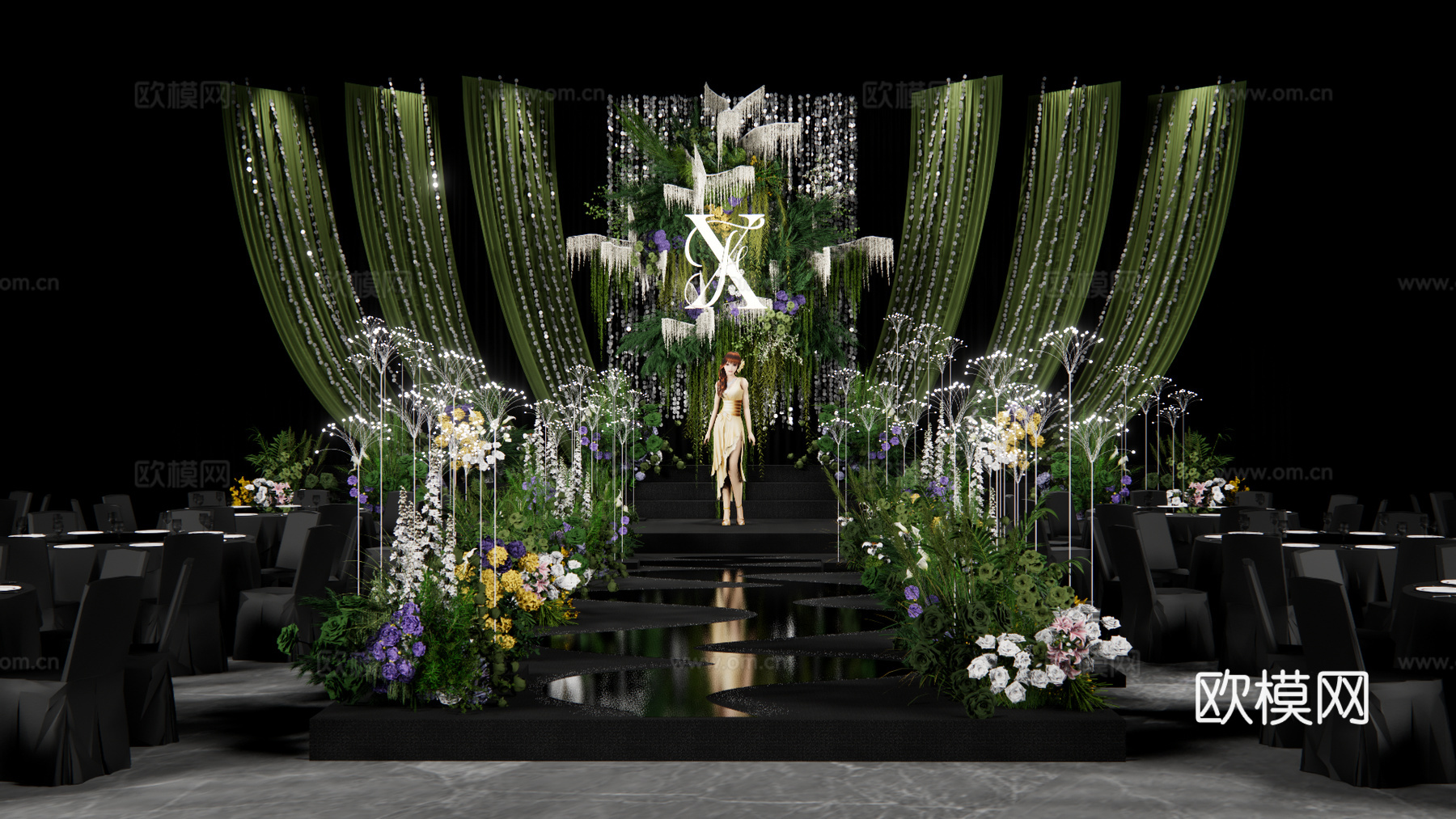 墨绿色布幔婚礼花艺美陈su模型