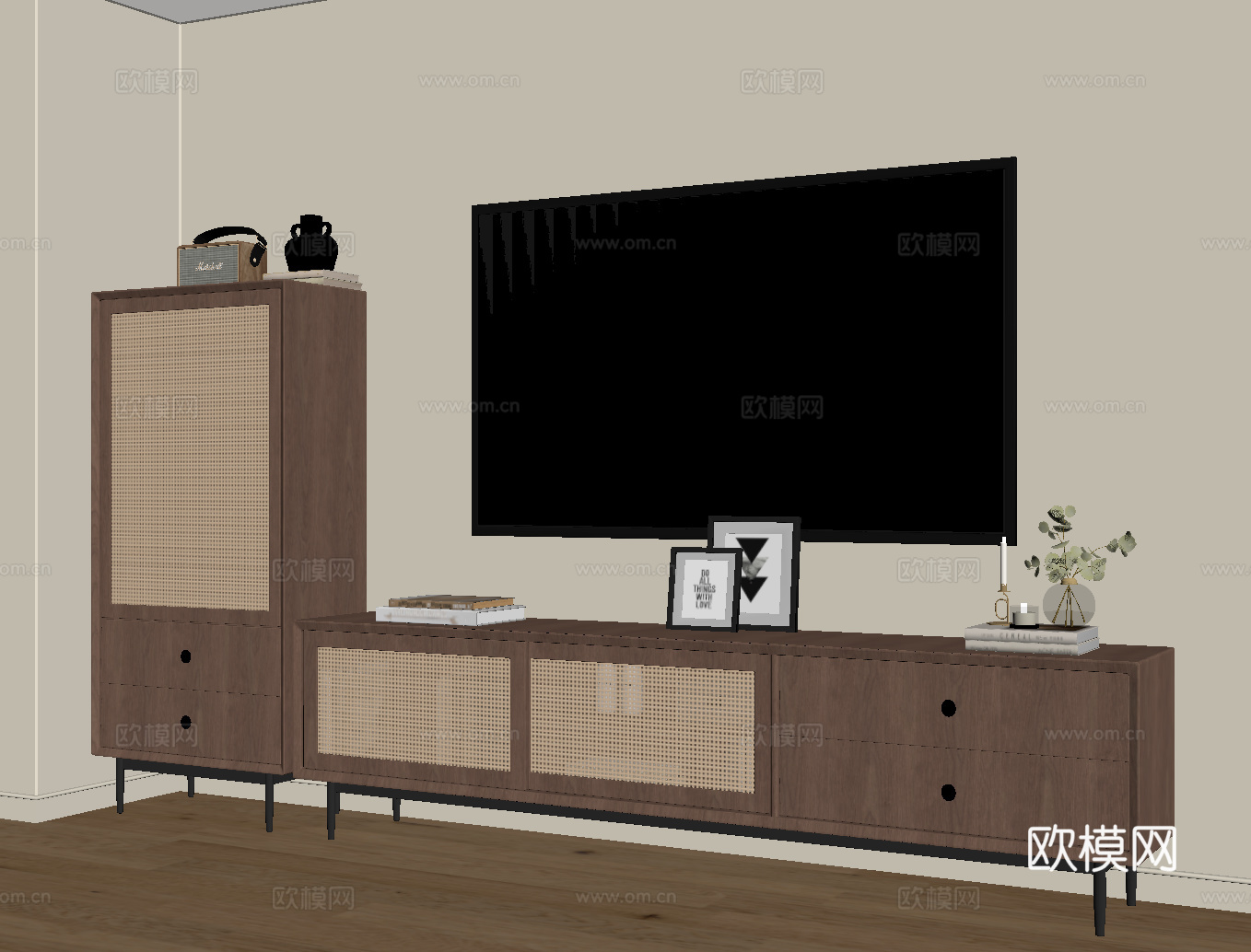 现代中古风电视柜 矮柜 斗柜su模型