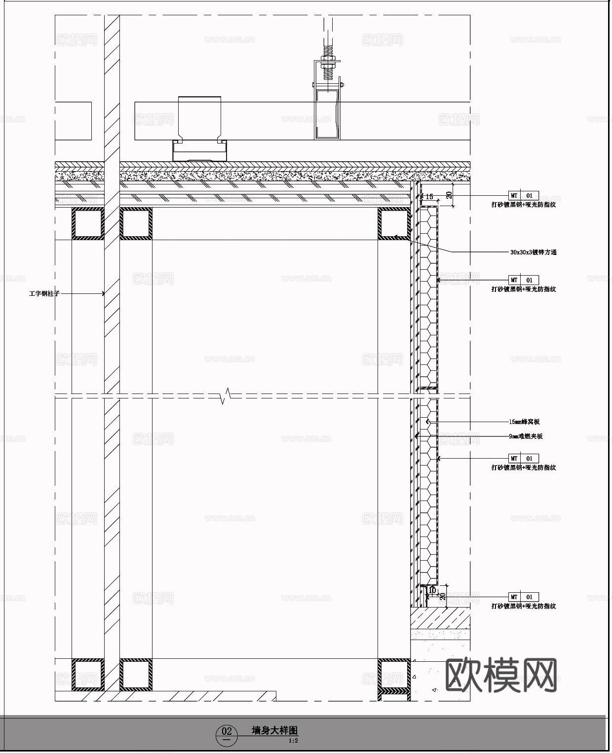 现代柱子 展厅大堂柱子  打砂镀黑钢包柱 幕墙柱子cad施工图