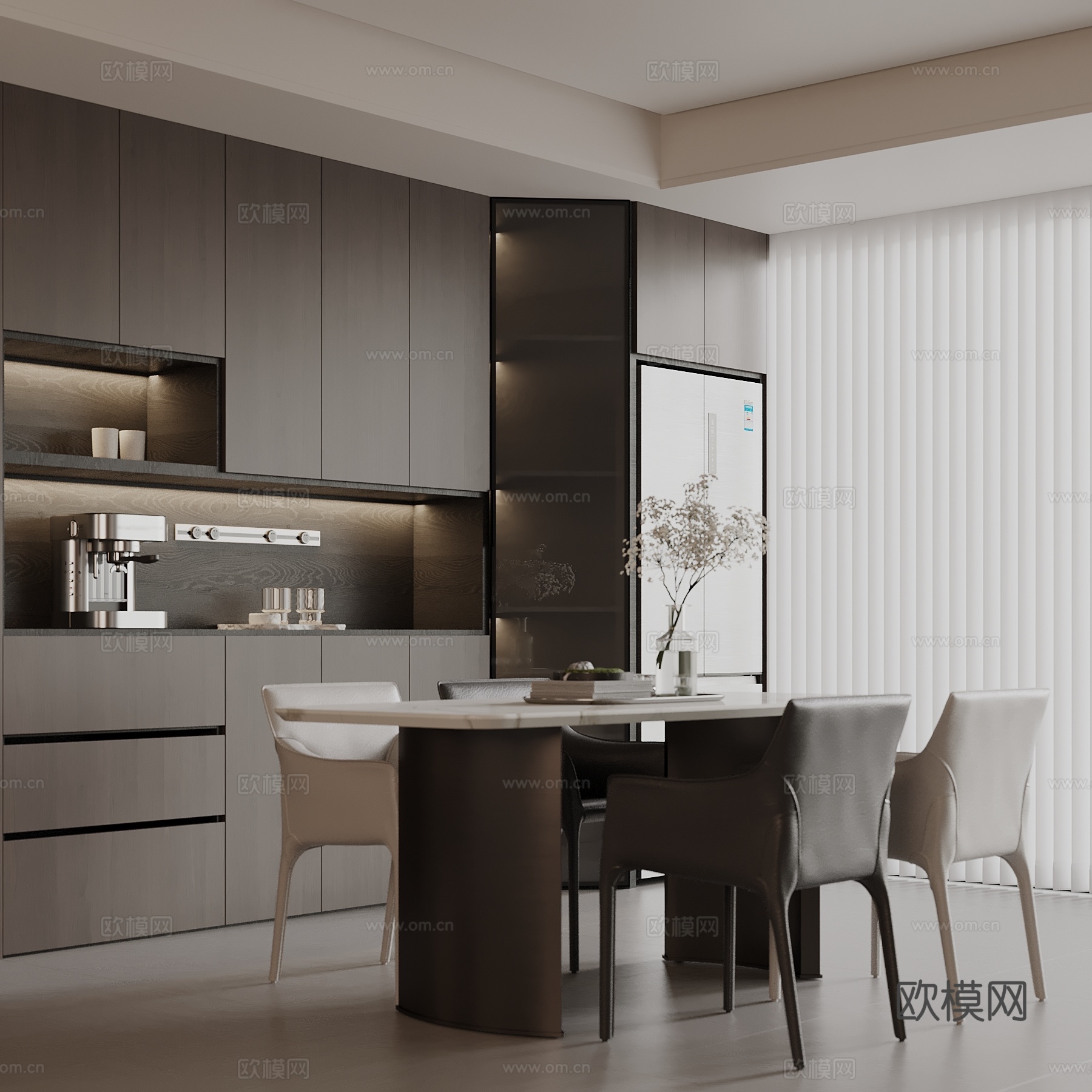 现代意式餐厅 餐桌椅 酒柜su模型