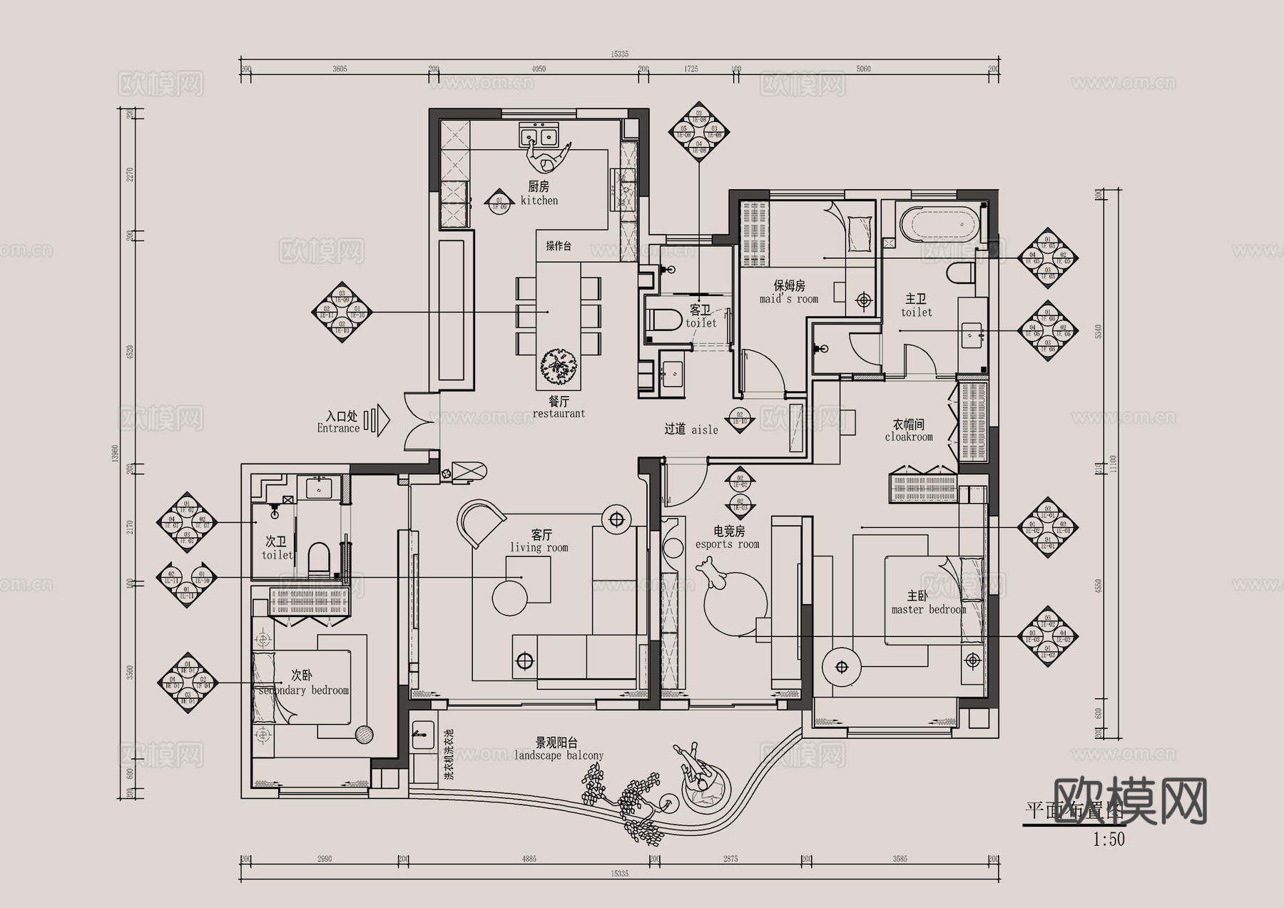 150㎡四居室大平层全套施工图   CAD家装施工图   样cad施工图