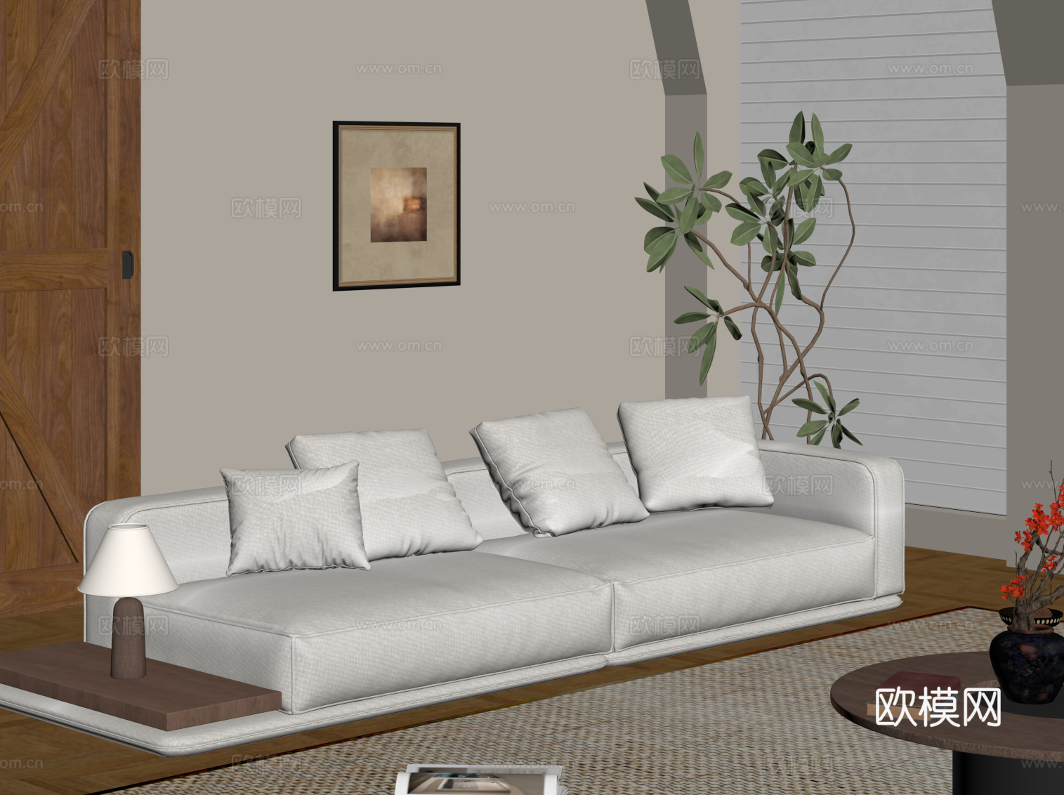 现代中古风沙发 多人布艺休闲沙发su模型