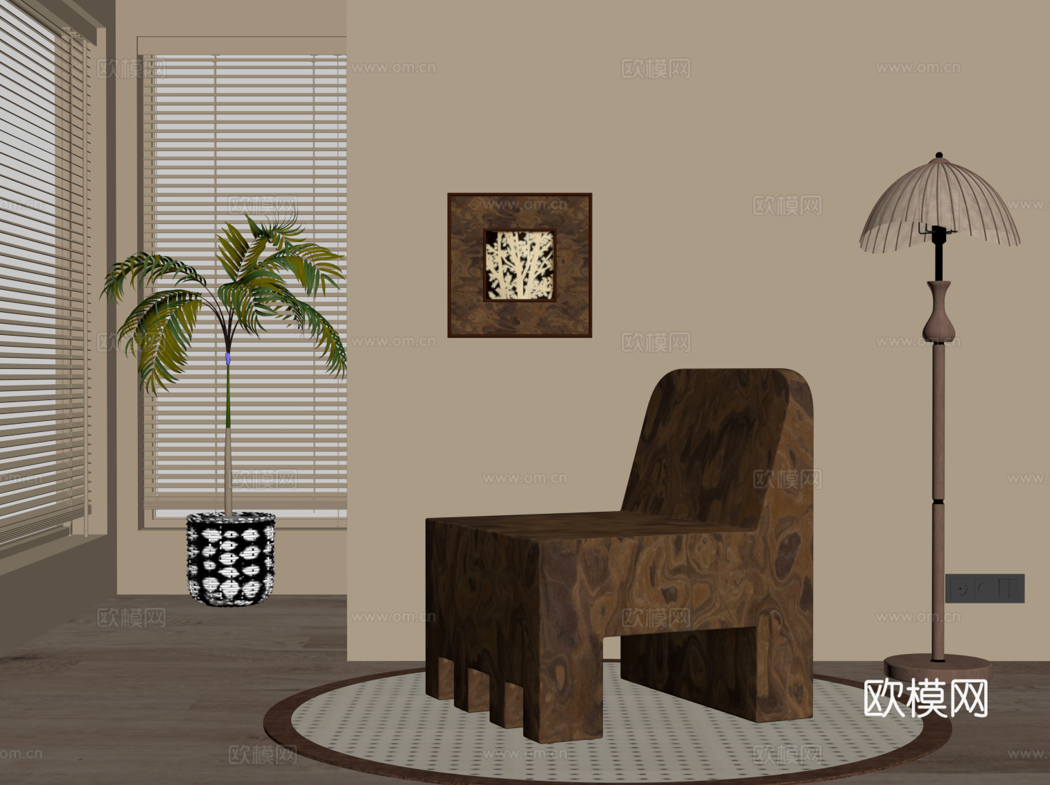 现代中古风休闲椅 实木沙发椅su模型