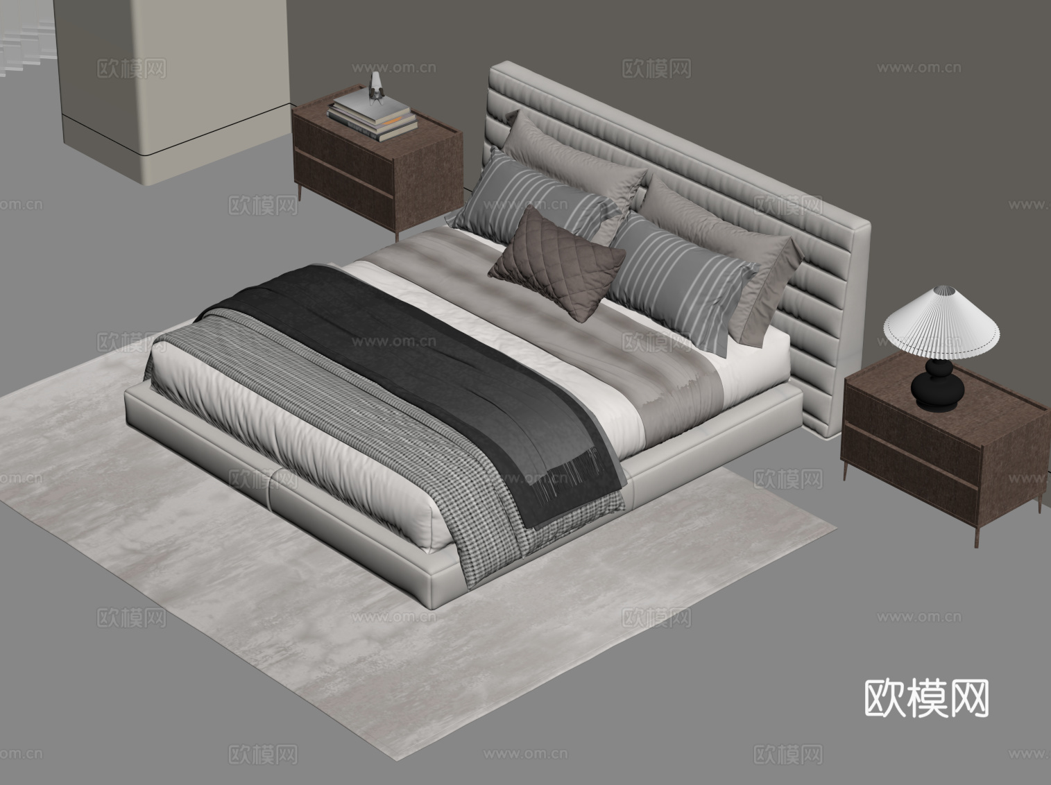 中古风双人床 床头柜su模型