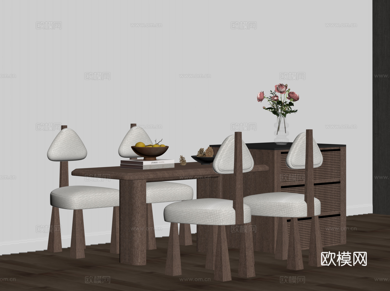 中古风岛台 餐桌椅su模型