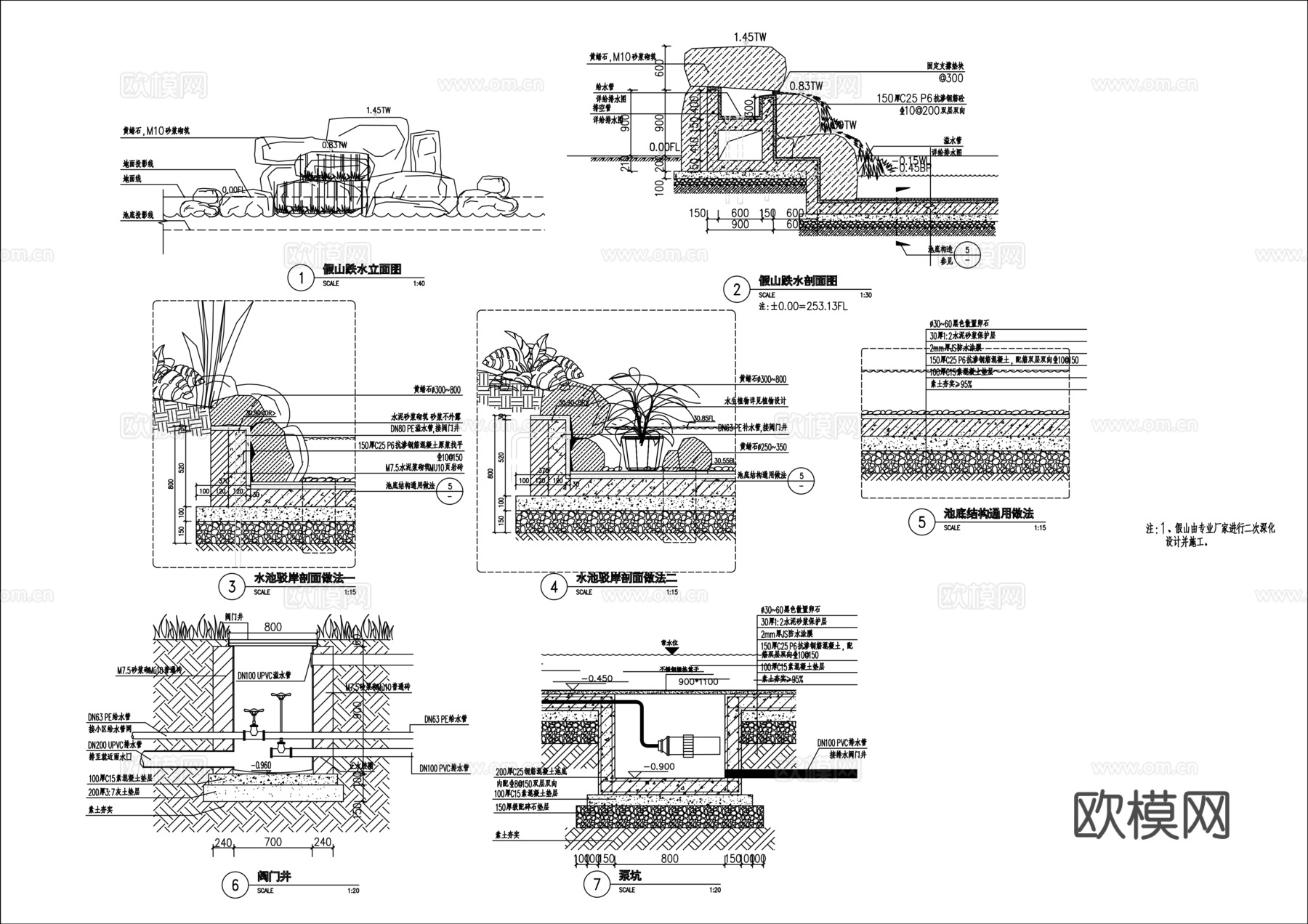 中式景观假山置石跌水cad施工图