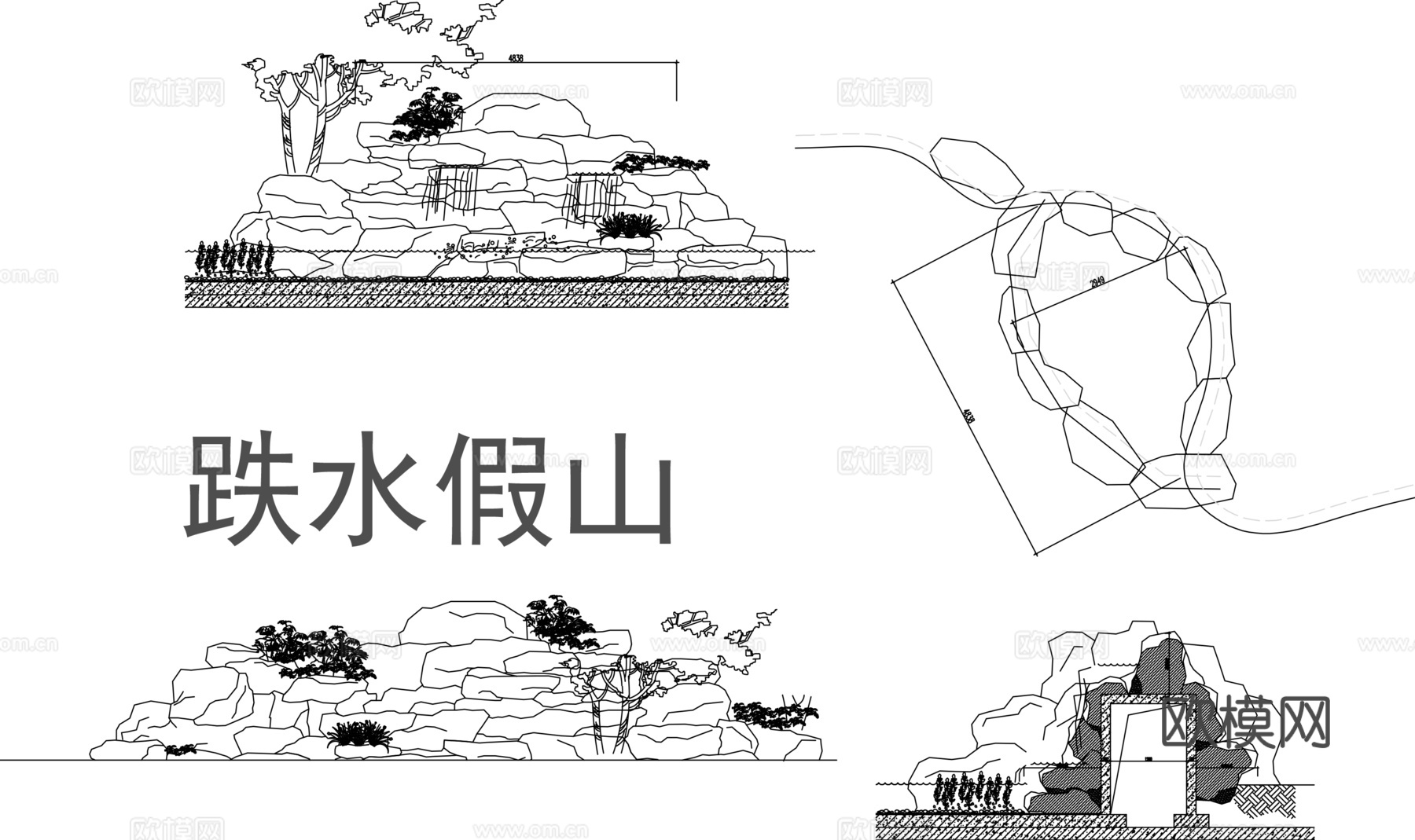 景观假山置石跌水cad施工图