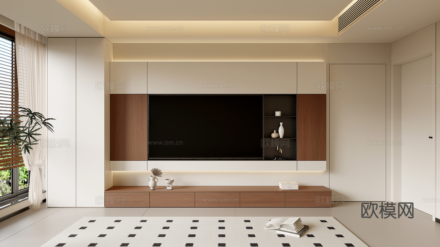 现代奶油中古风客厅电视背景墙 电视背景墙阳台柜 隐形门电视墙su模型