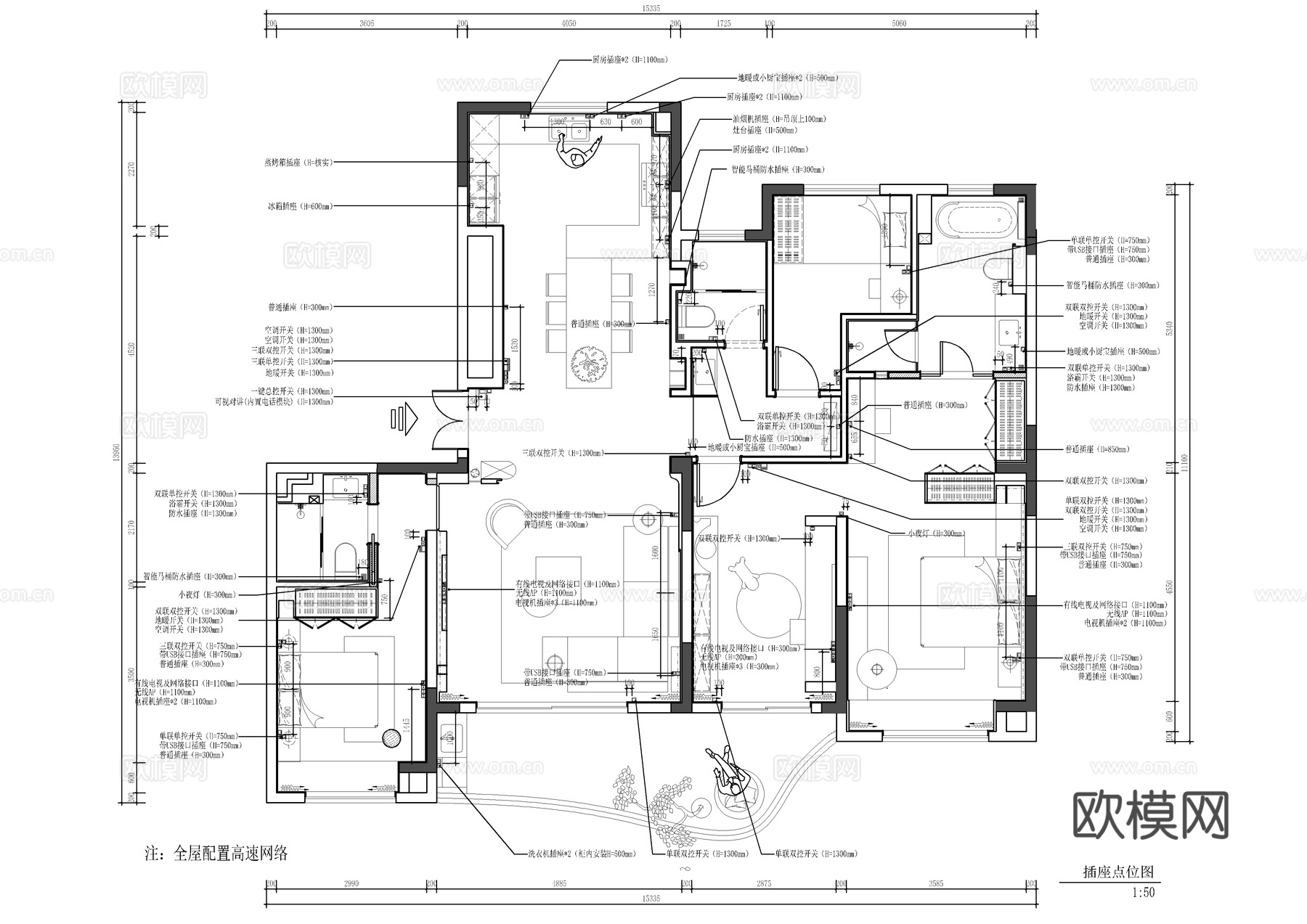 150㎡四居室大平层全套施工图   CAD家装施工图   样cad施工图