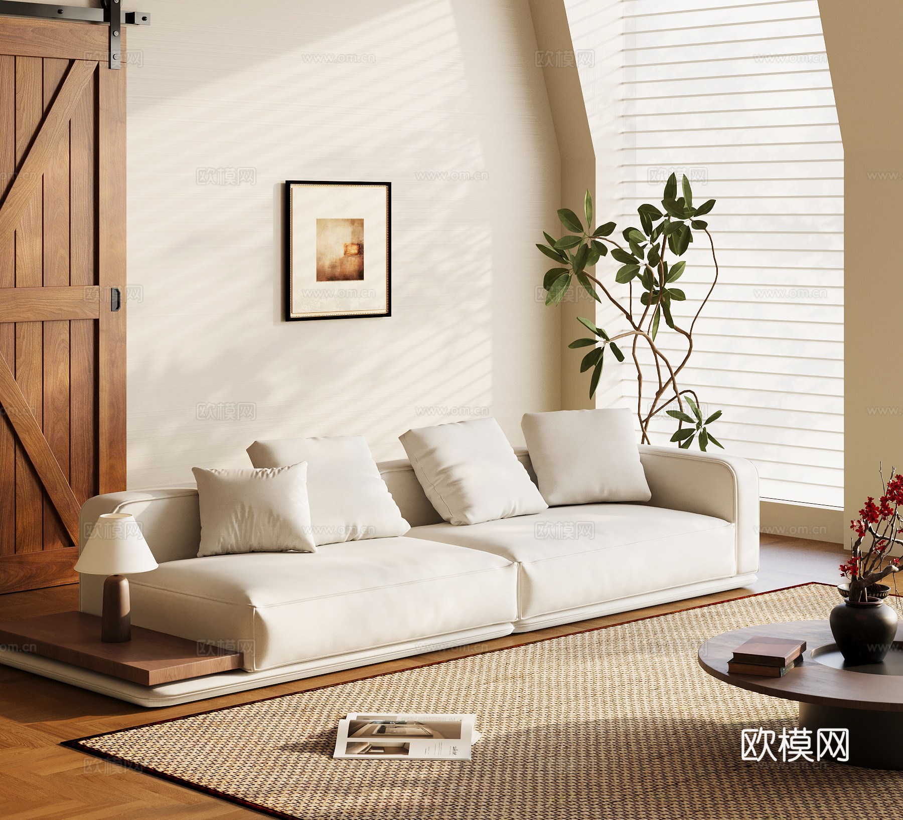 现代中古风沙发 多人布艺休闲沙发su模型